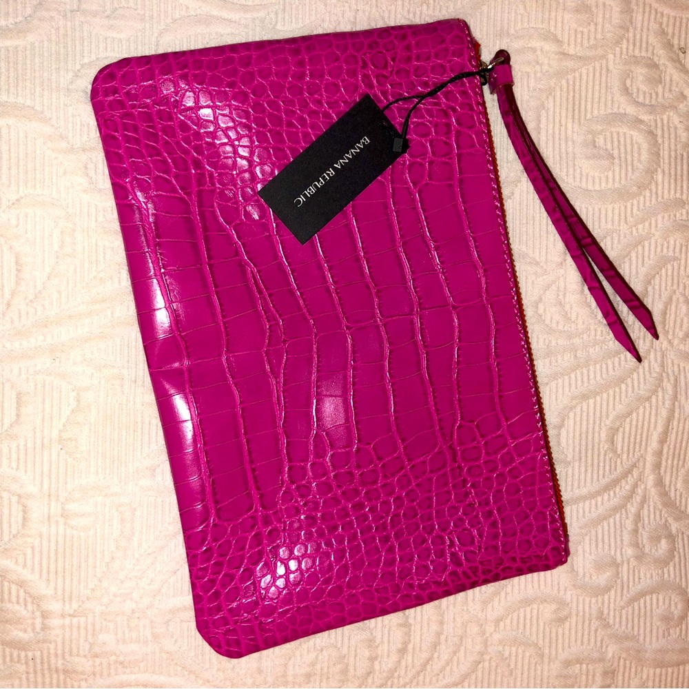 NWT Banana Republic Pink Vegan Leather Croco Envelope Clutch Orange Fabric Lined